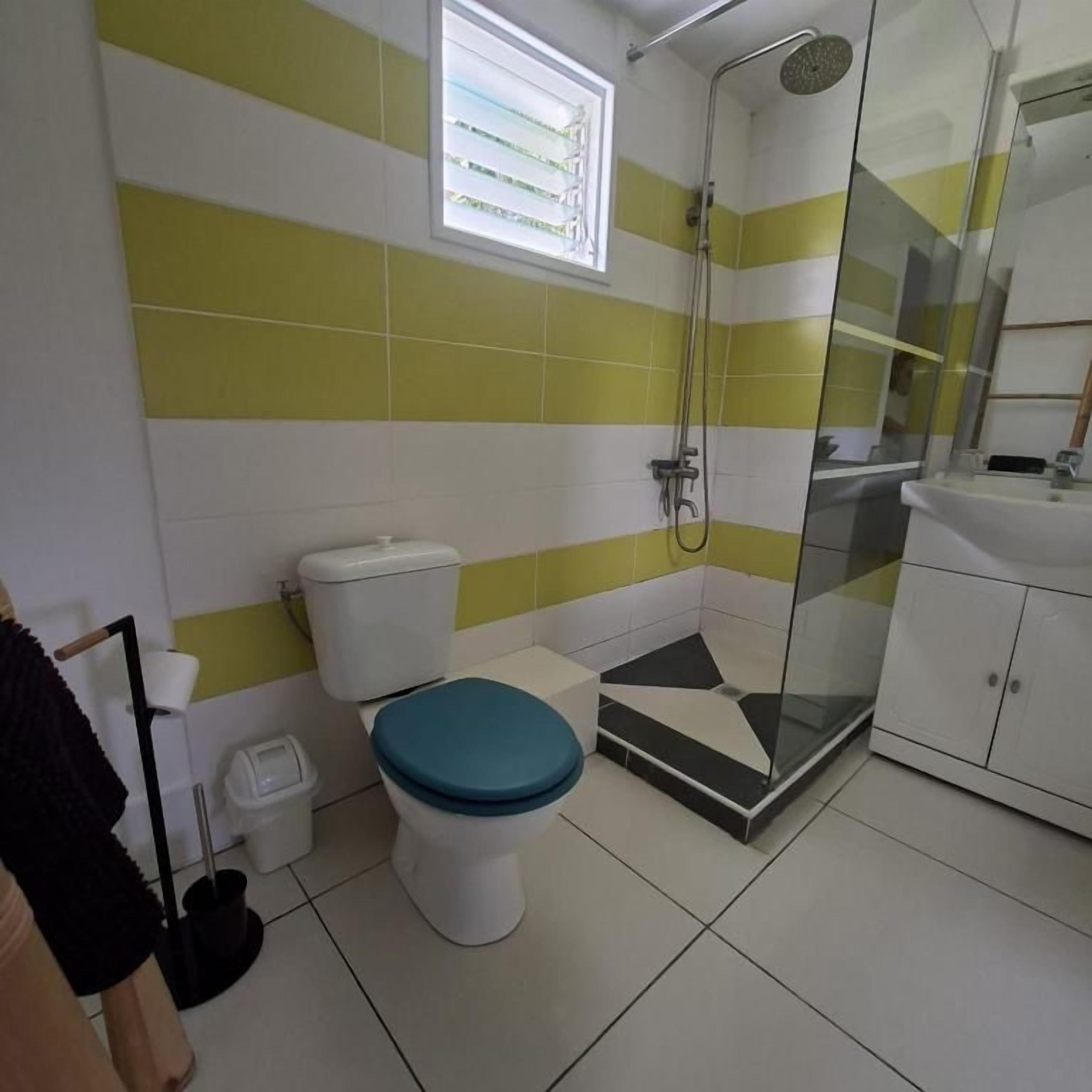 A bathroom with a toilet, a shower, and a sink.