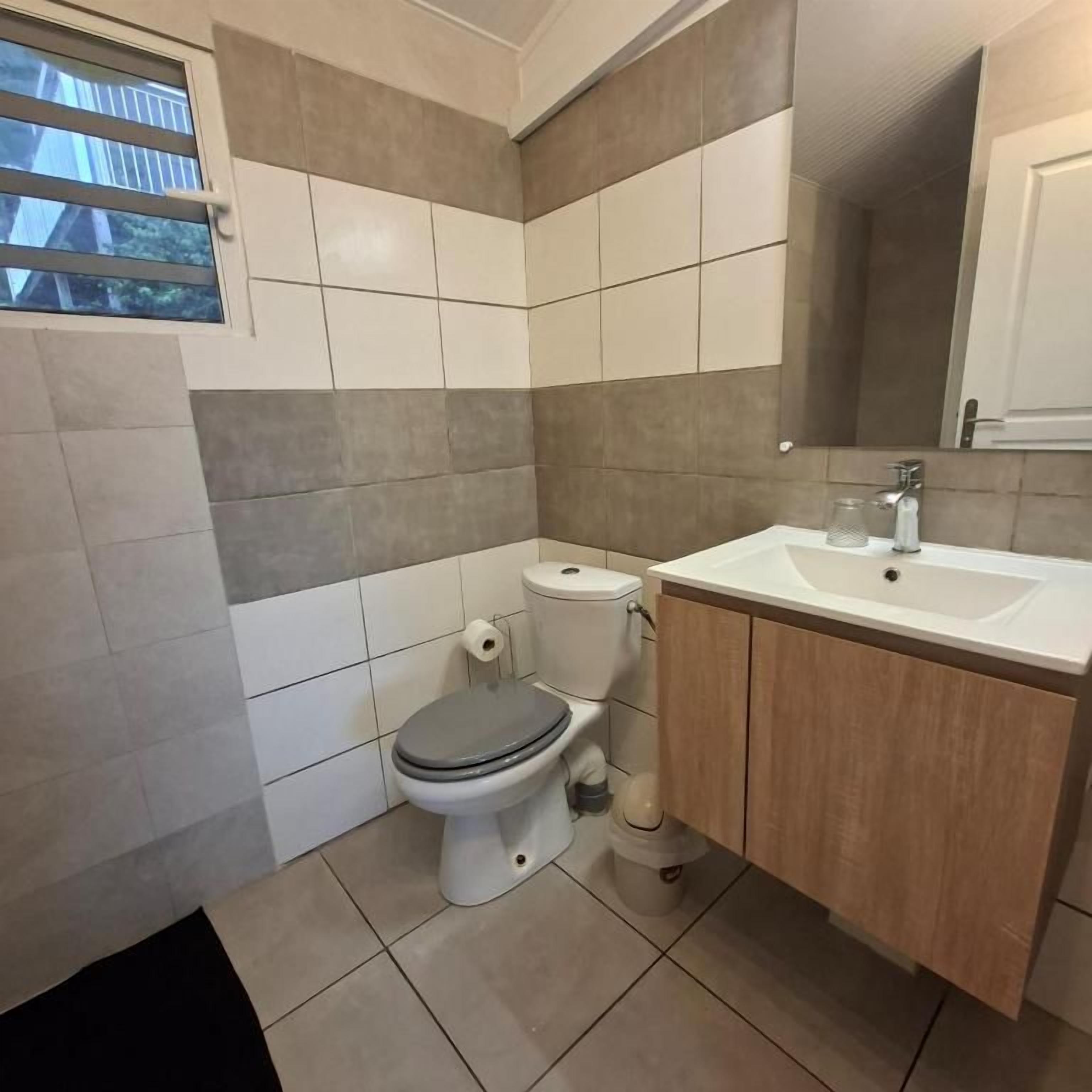 Un baño con inodoro, lavamanos y espejo.