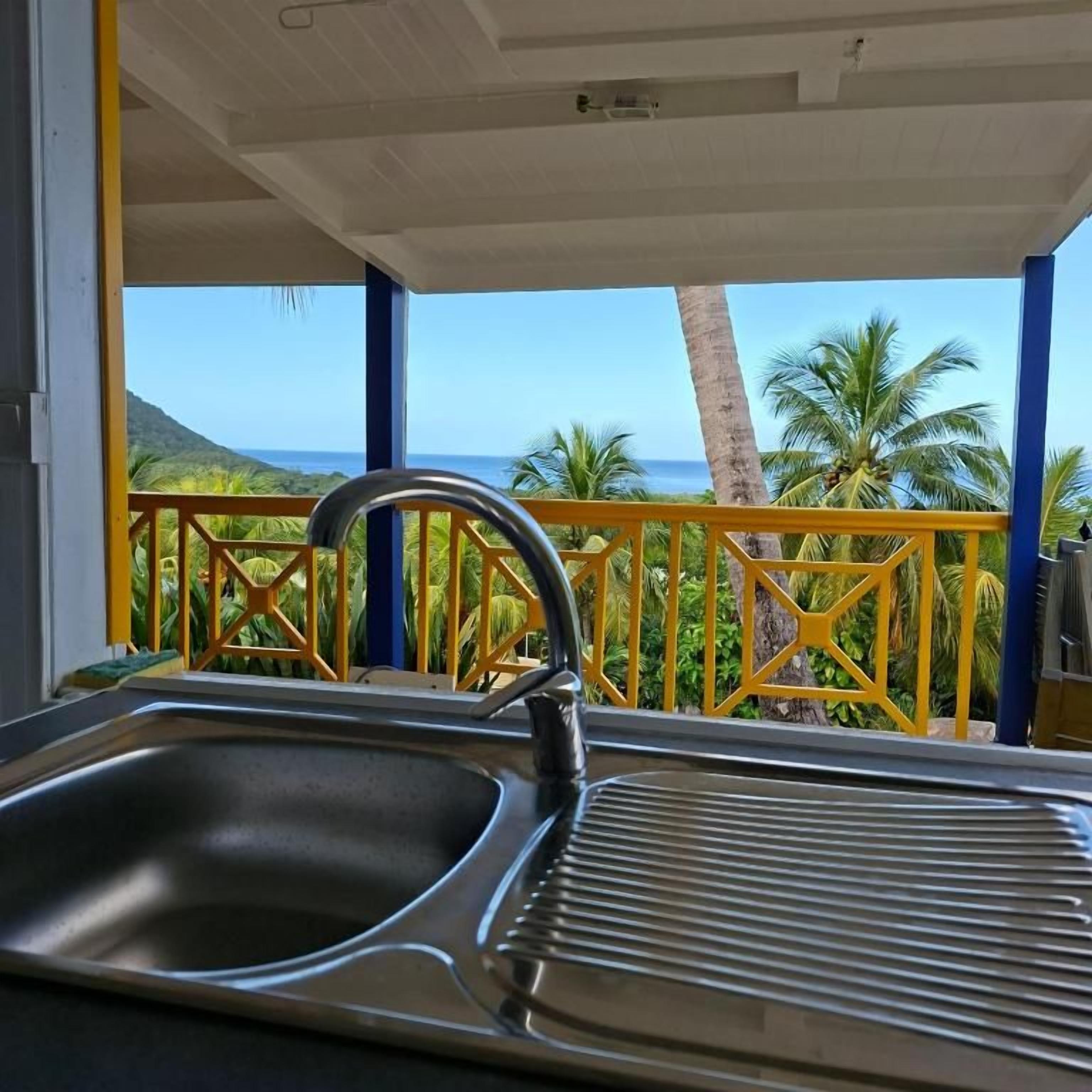 Una cocina con lavamanos y vista al océano y palmeras.