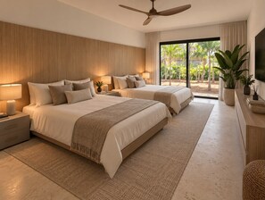 Un dormitorio moderno con dos camas, un ventilador de techo y vistas a un jardín tropical.