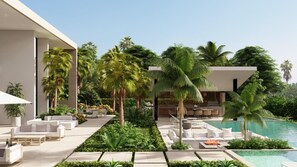 Un espacio exterior moderno con piscina, mobiliario y abundante vegetación.