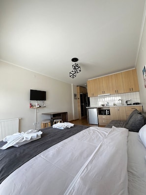 Quarto com cama, mesa de cabeceira, televisão e uma kitchenette ao fundo.