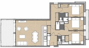 A hotel floor plan with a dining area, kitchen, two bedrooms, a bathroom, and a balcony. - 10m from ski slopes, 4th floor, view ski slopes, fitness, sauna, terrace, balcony, tv, ski locker (Mont-de-Lans)
