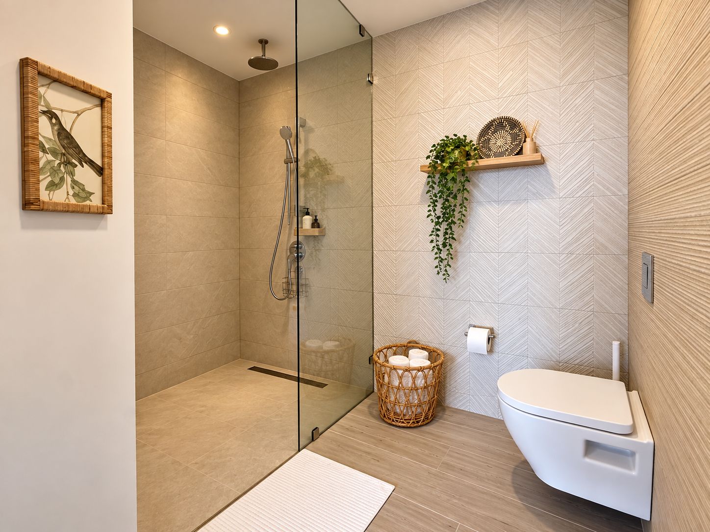 A modern bathroom with a glass-enclosed shower, a white toilet, and a wooden shelf with a plant.