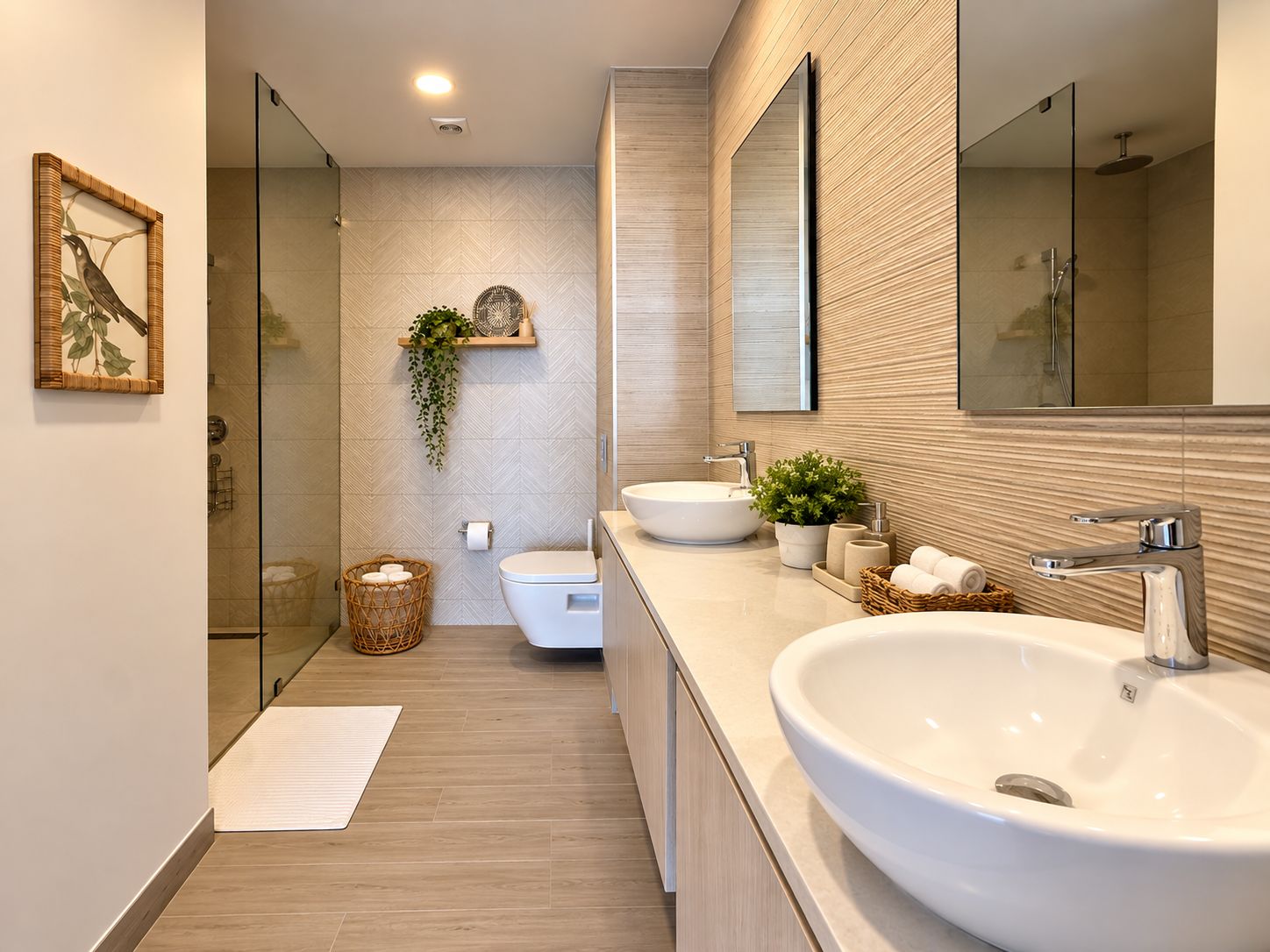 A modern bathroom with a large sink, a toilet, and a shower area.