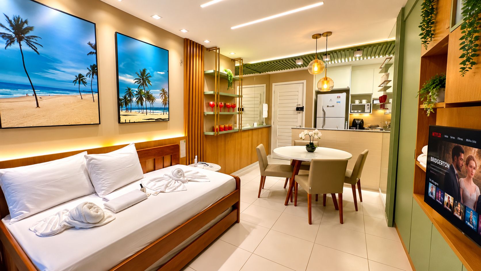 Habitación de hotel con cama, comedor, cocina y televisor mostrando una serie de Netflix.