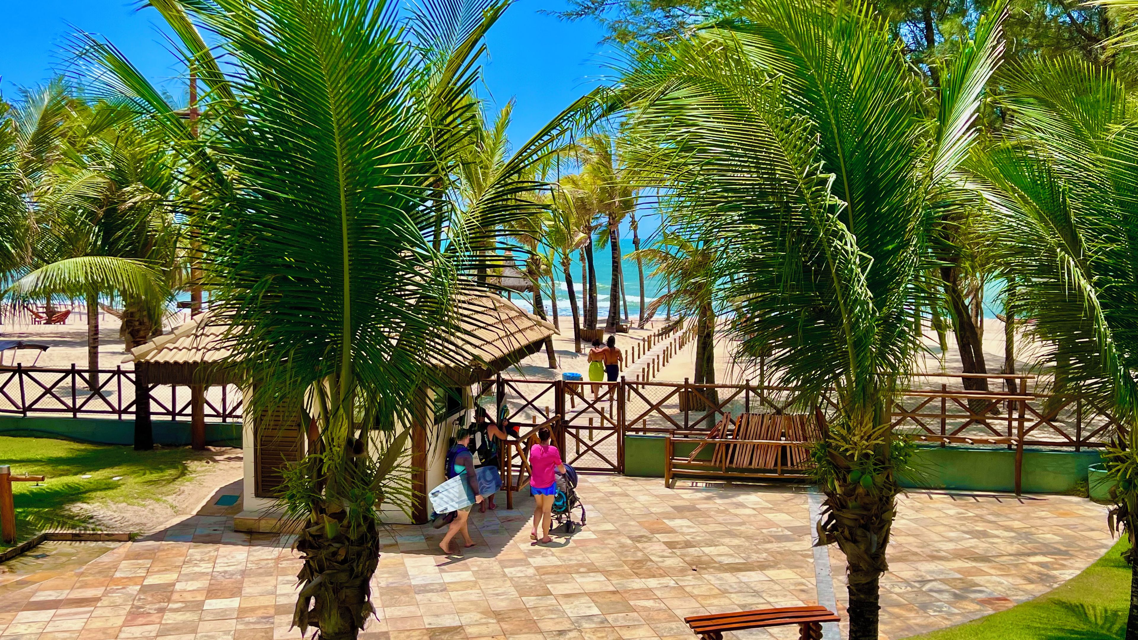 Un sendero pavimentado con palmeras, una zona de estar techada y una playa al fondo.