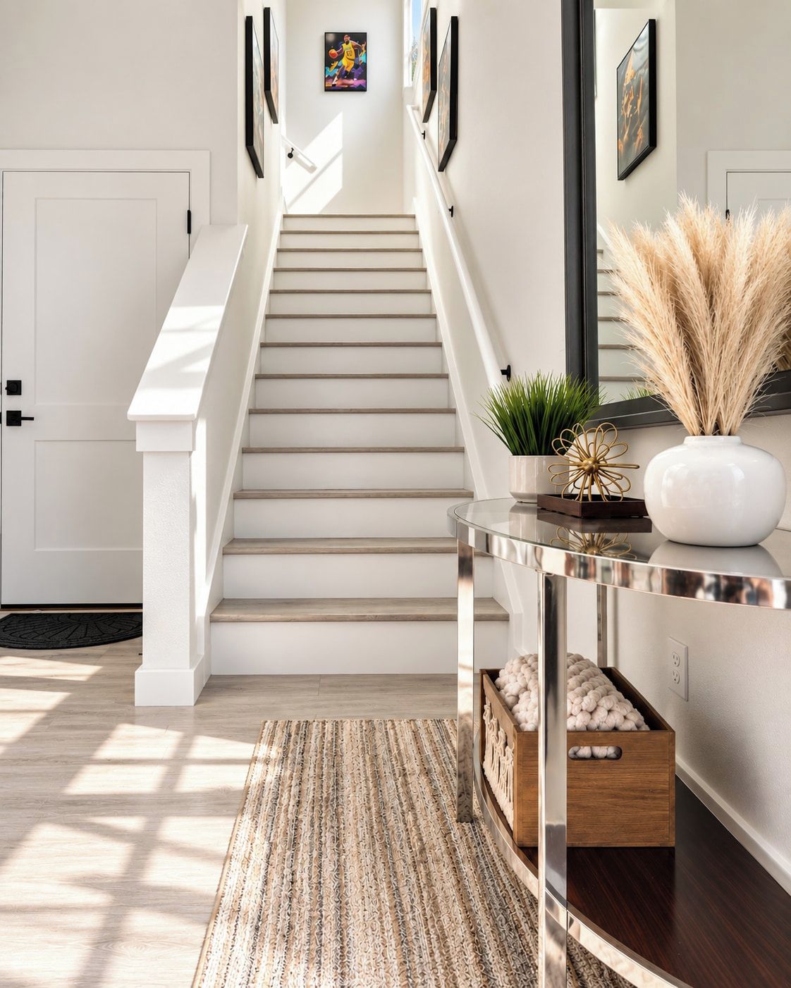 A staircase leading to a landing with a glass table, decorative plants, and a mirror.
