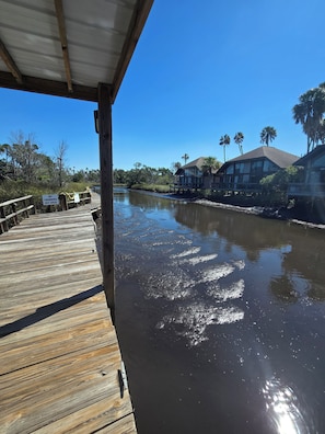 A wooden dock extending over a calm river, with a clear sky and palm trees in the background. - 1-bedroom loft bungalow, boat dock, pool, Crystal River access (Crystal River)