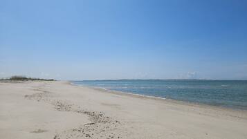 A sandy beach with gentle waves, a clear sky, and distant land.