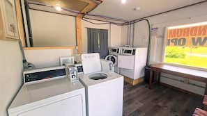A laundry room with a Speed Queen commercial dryer, a front-loading washer, and a wall-mounted washing machine. - Large RV site (Copperhill)