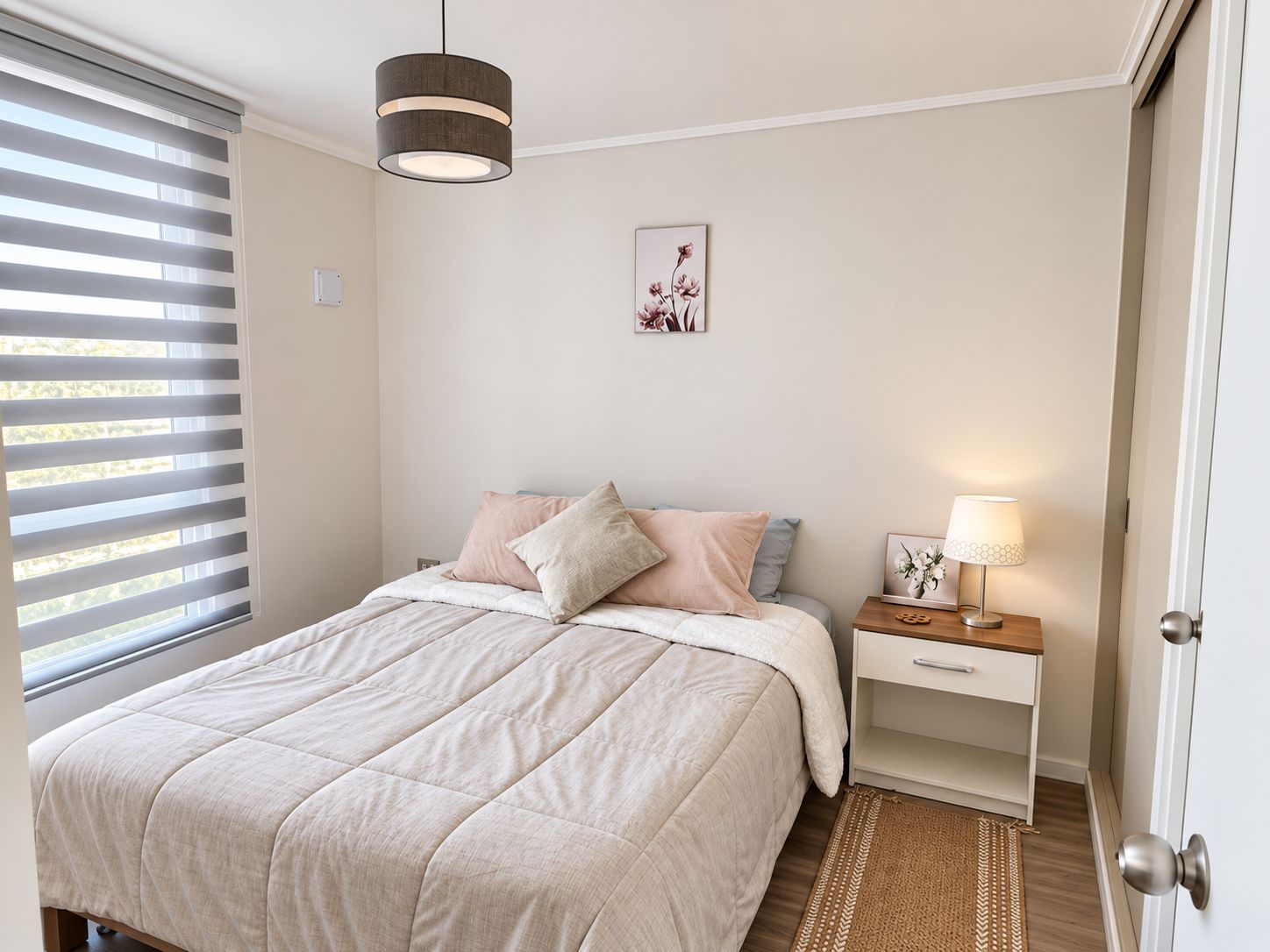 Quarto com cama, mesa de cabeceira, abajur e janela com persianas.