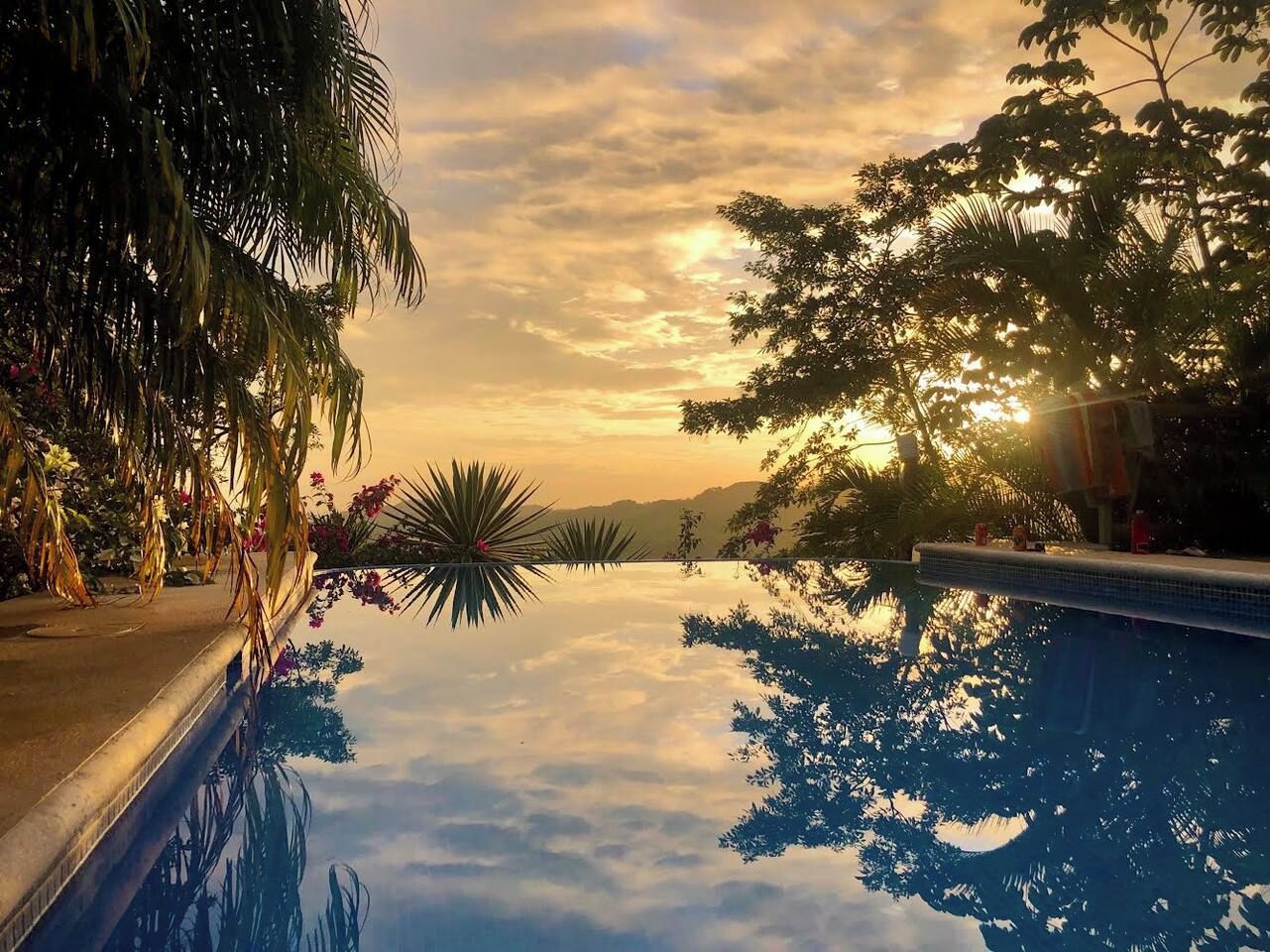 Vista clara de una piscina con el reflejo de árboles y un atardecer al fondo.