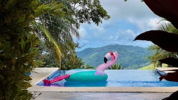 A swimming pool with a view of a mountain range, surrounded by tropical vegetation.