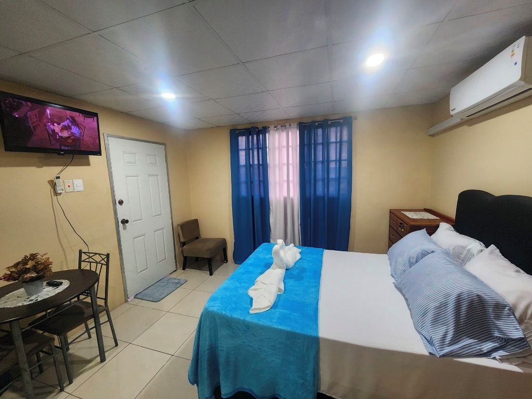 Une chambre d’hôtel équipée d’un lit, d’une télévision, d’un bureau et d’une chaise.