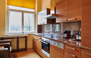 A modern kitchen with a Bosch oven, a sink, and a wine cooler. - Pet friendly apartment in Kuhlen-Wendorf with sauna (Kuhlen-Wendorf)