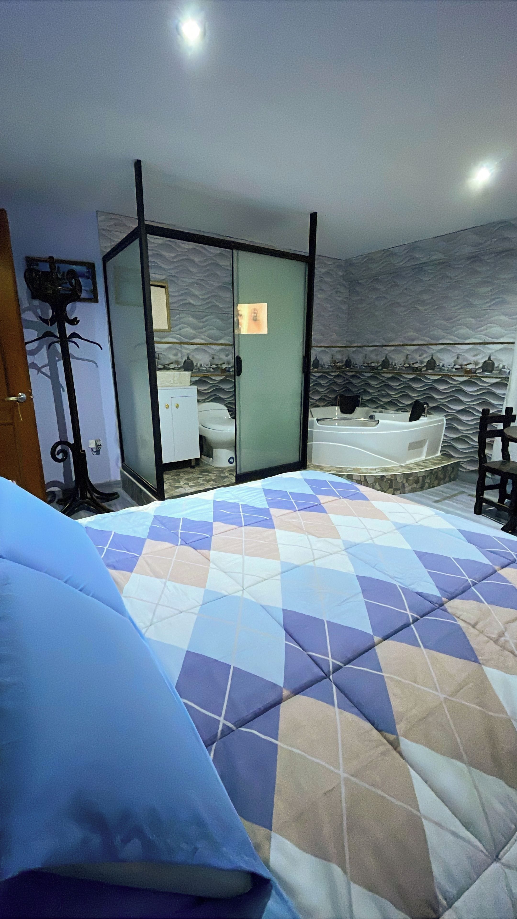A bedroom with a bed, a glass-enclosed walk-in closet, a bathtub, and a toilet.