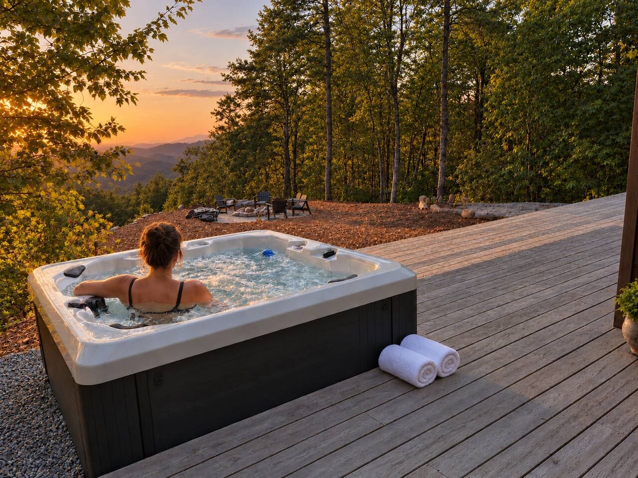 A hot tub on a wooden deck with a view of trees and a sunset.