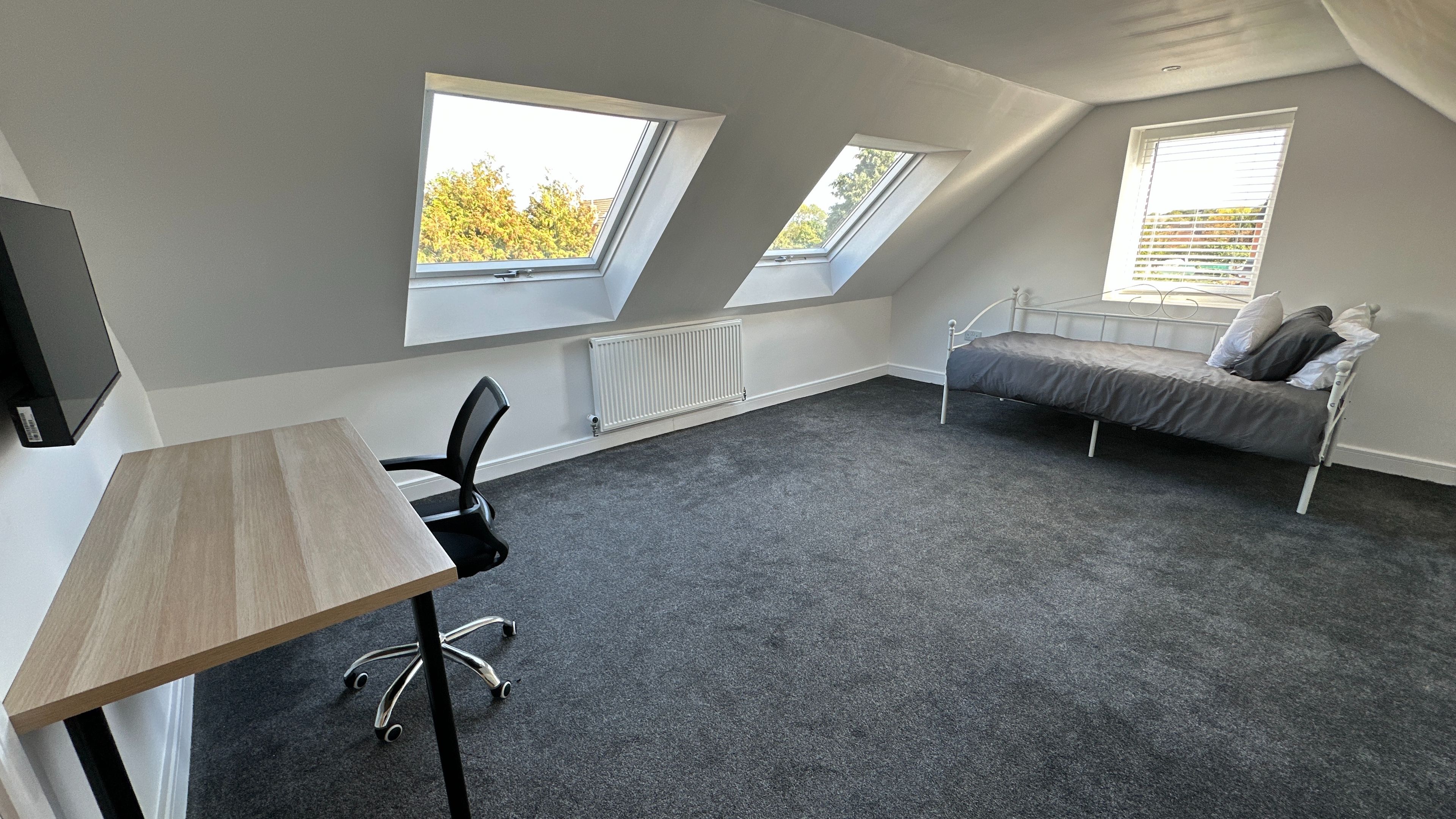 A room with a bed, a desk, and two skylights.