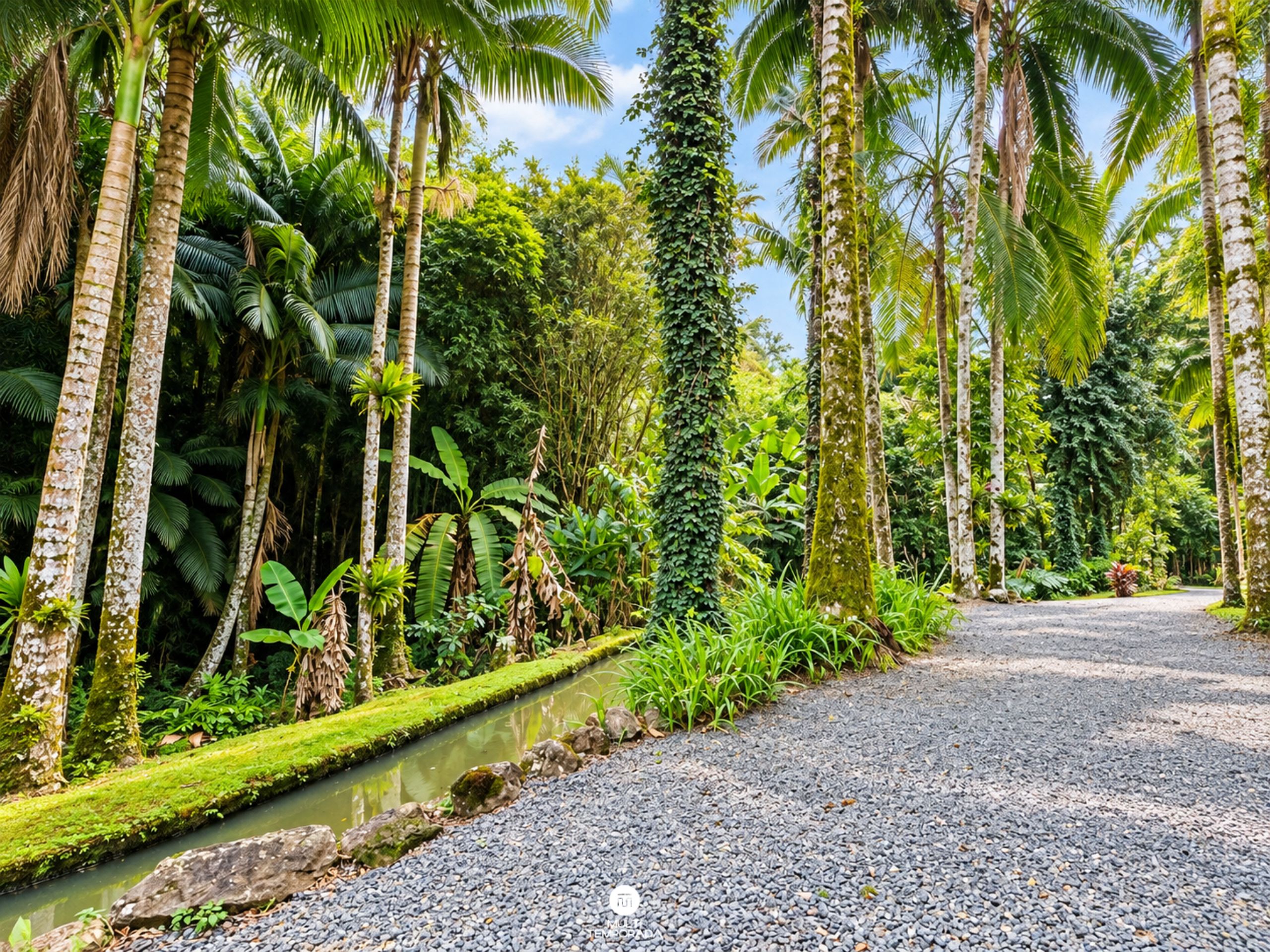 Un sentier bordé d’une végétation luxuriante et de palmiers, qui mène à un point d’eau.