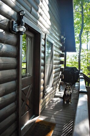 Een houten chalet met een veranda, een hond en een barbecue.