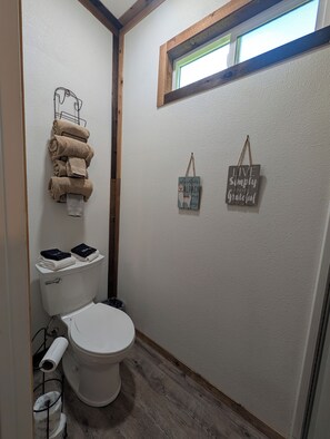 Une salle de bain équipée de toilettes, d’un porte-serviettes et de deux éléments décoratifs fixés au mur.
