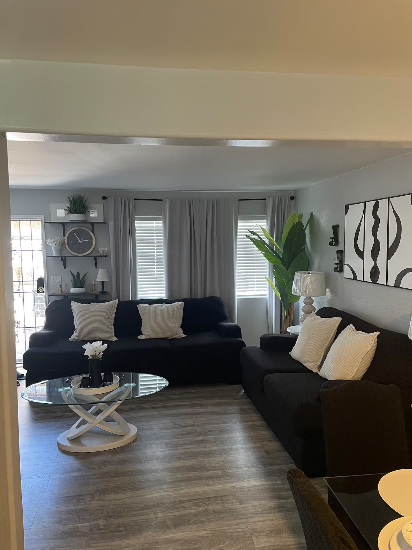 A modern living room with two black sofas, a glass coffee table, and a large plant.
