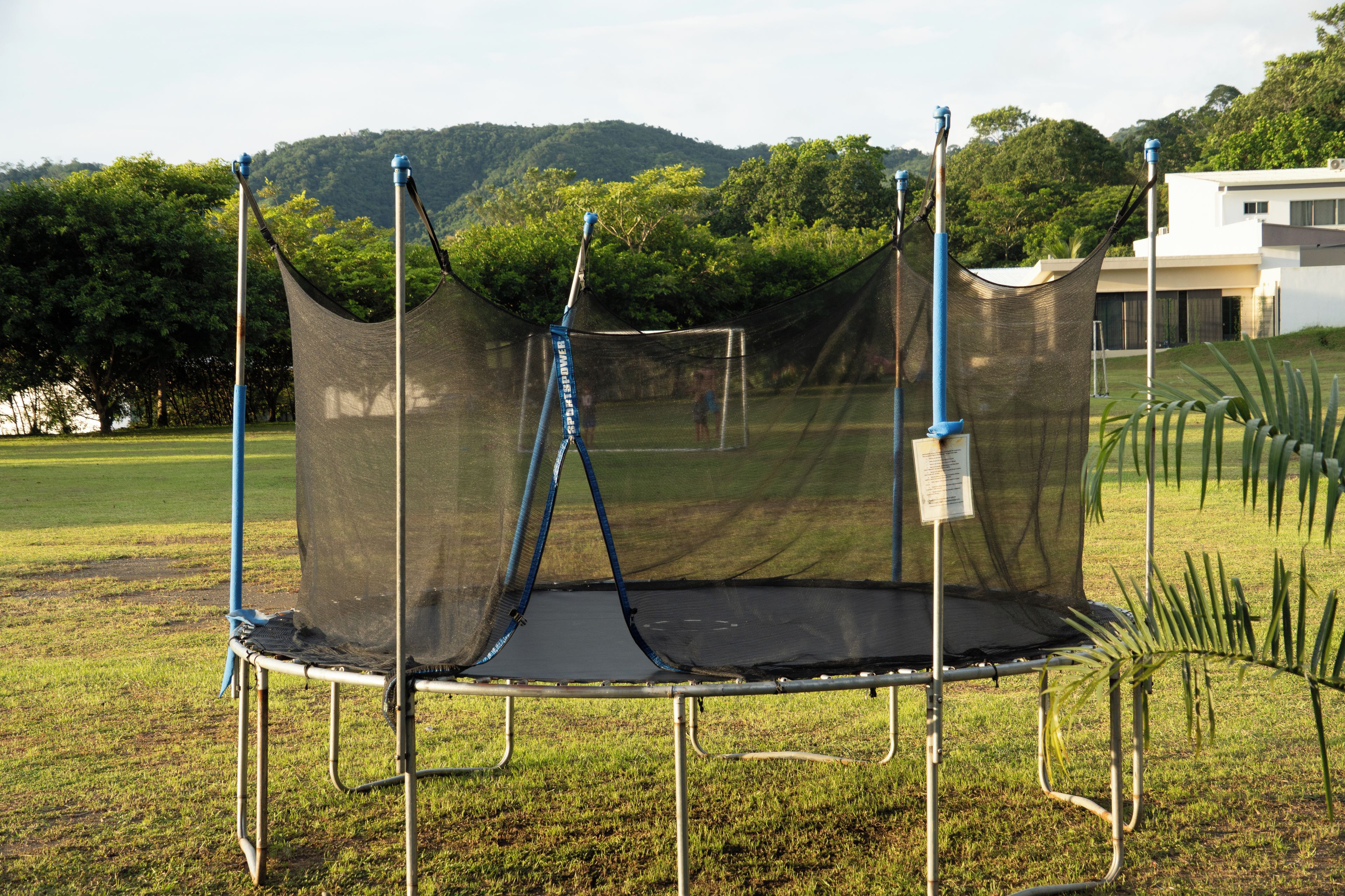 A trampoline with a safety net, set up in a grassy area with trees and a building in the background.