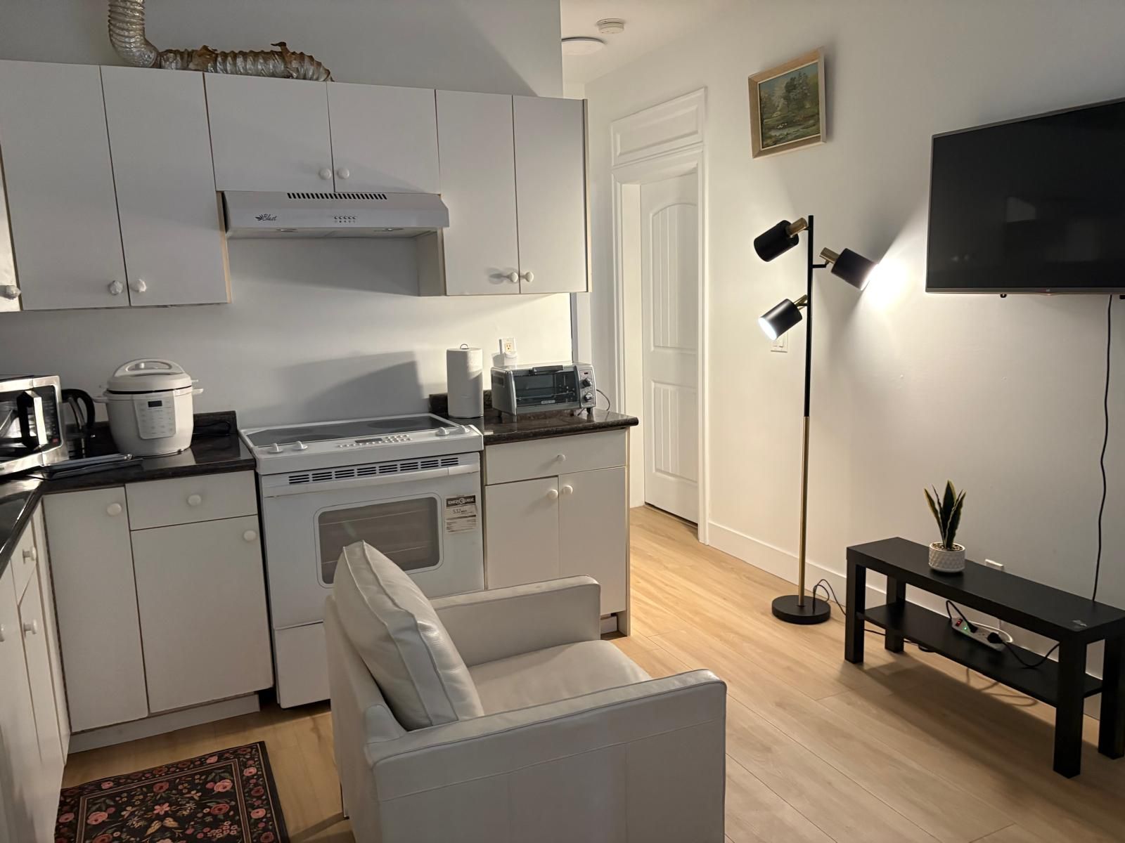Een moderne keuken met een fornuis, magnetron en koffiezetapparaat. In de woonkamer staat een bank en een televisie.