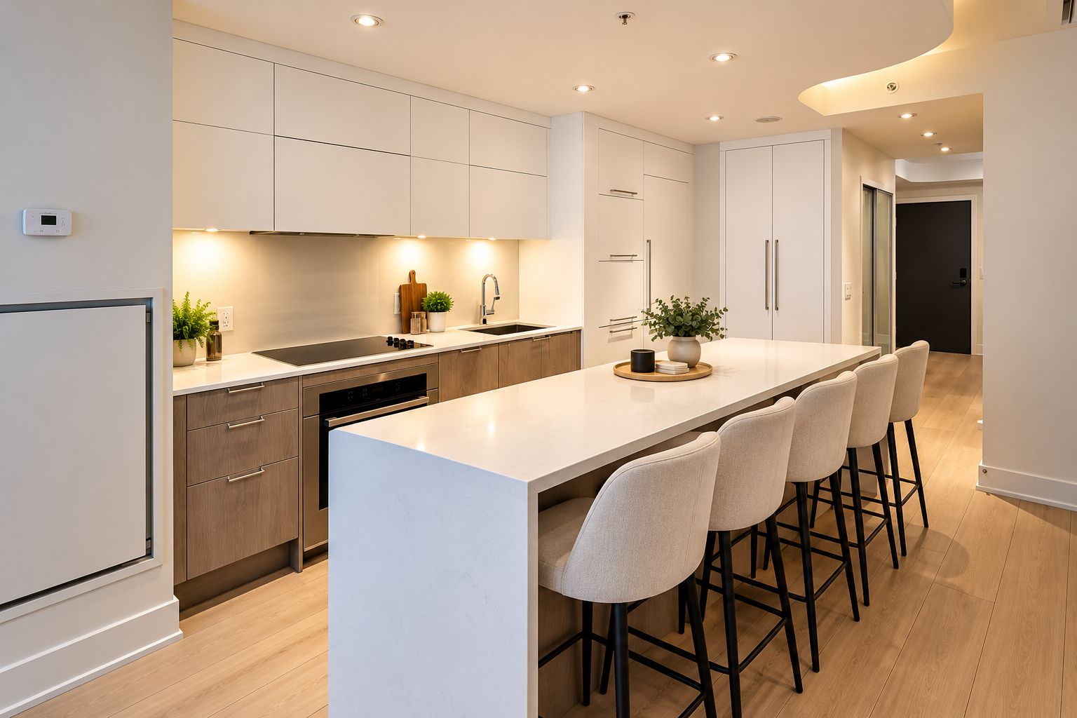A modern kitchen with a central island, bar stools, and built-in appliances.
