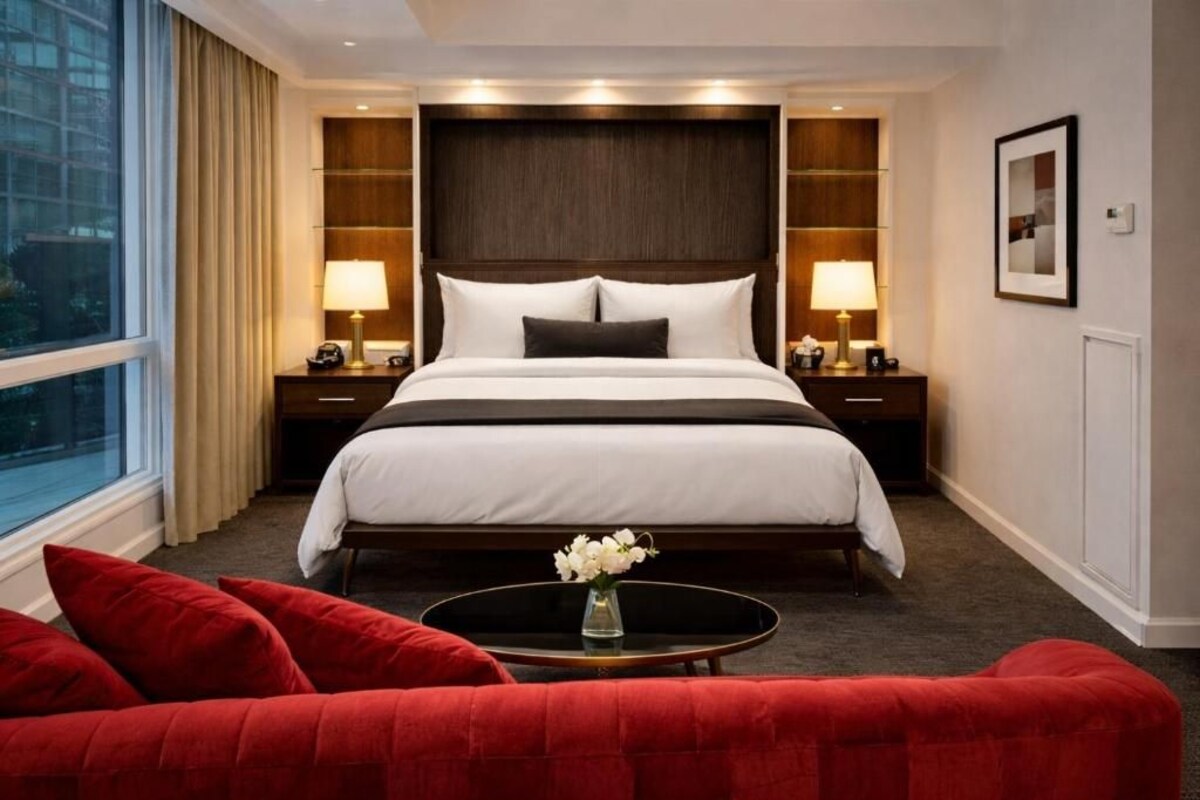 A hotel room with a large bed, two bedside tables with lamps, a red sofa, a small round table with a vase, and a window with curtains.