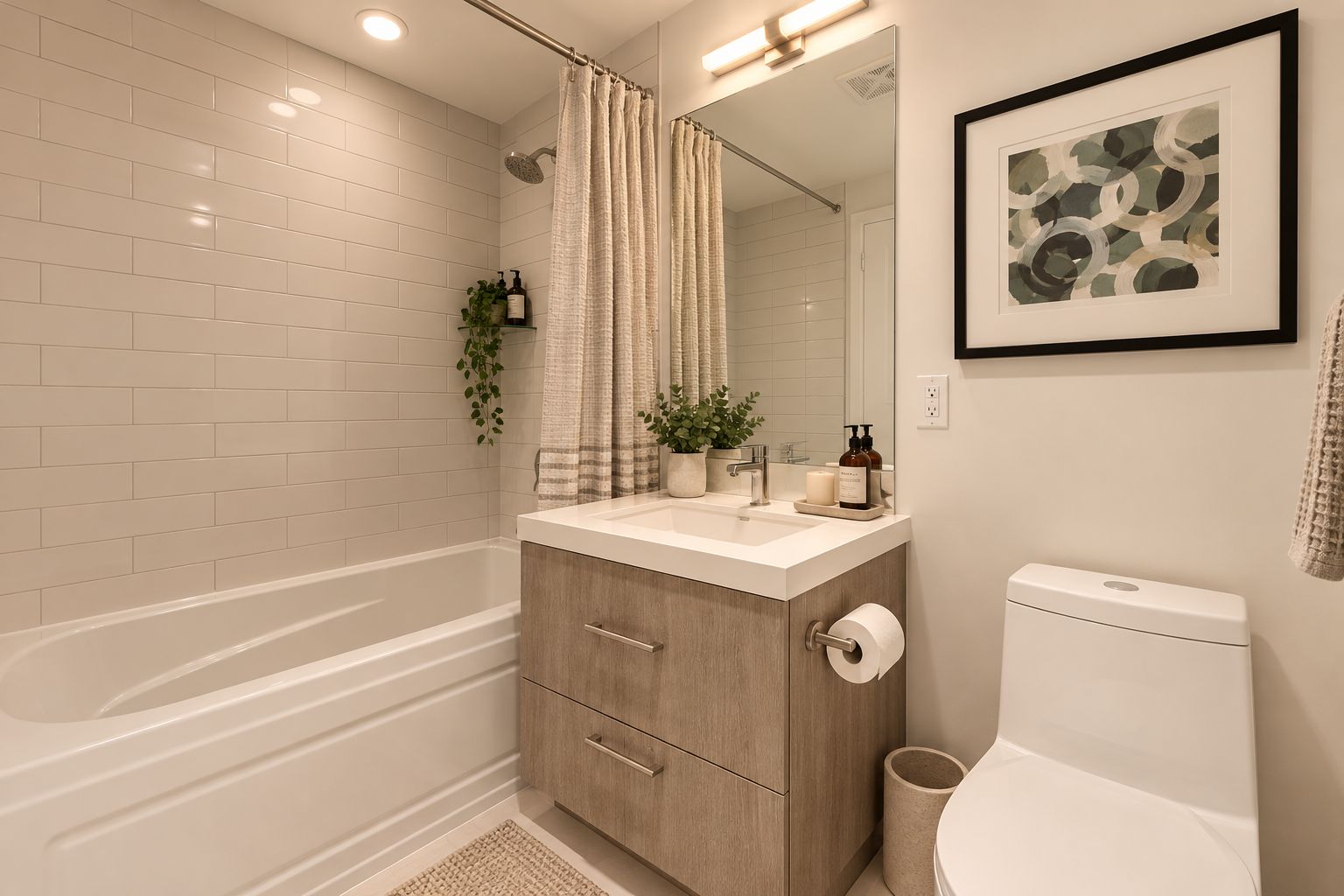 Un baño moderno con bañera, inodoro y lavamanos.