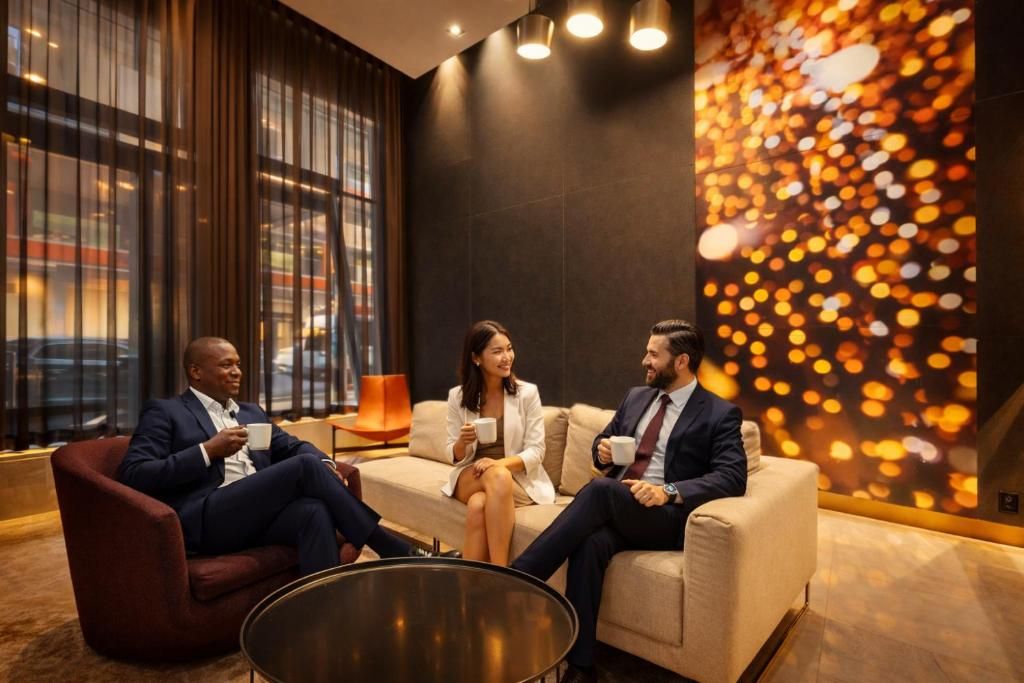 A modern lounge area with leather sofas, a coffee table, and a large wall with a bokeh light effect.
