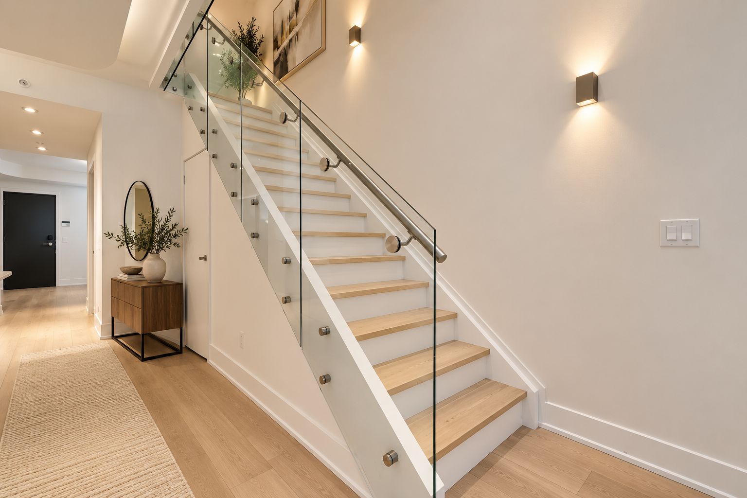 Una escalera moderna con barandillas de vidrio y peldaños de madera, que conduce a un descansillo con un florero y un espejo.