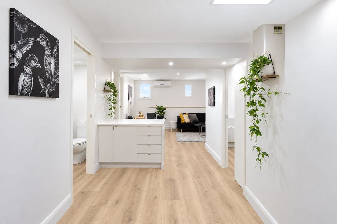 A modern interior with a central kitchen island, white cabinetry, and a hallway leading to a living area.