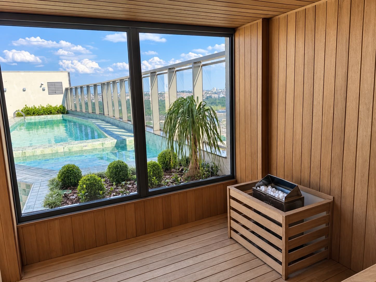 Una habitación moderna con un ventanal grande que da a una piscina y un puente.