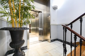 Un intérieur moderne agrémenté d’une plante en pot, d’un escalier et d’un ascenseur.
