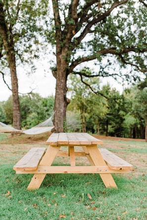 Ein Holztisch für ein Picknick in einer grünen Umgebung mit Bäumen im Hintergrund.