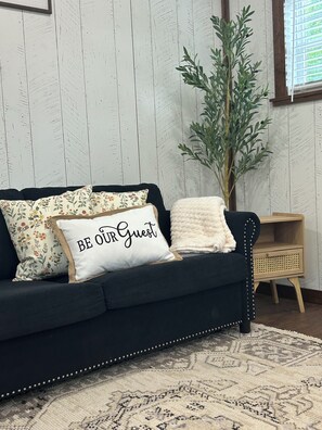 A dark-colored sofa with decorative pillows, a small wooden side table, and a potted plant.
