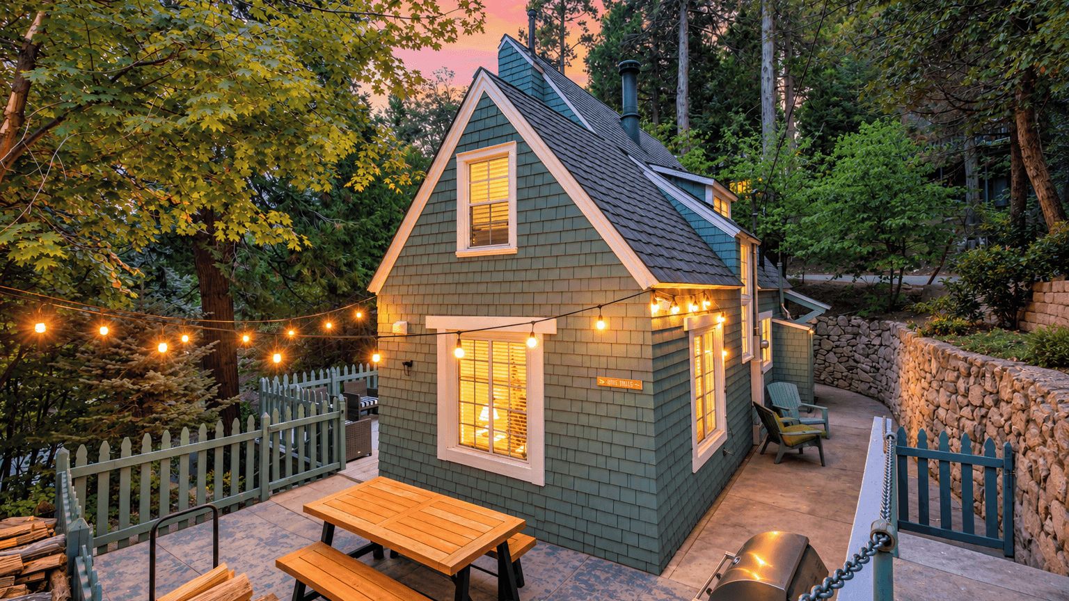 A small house with a porch, a table, and a grill.