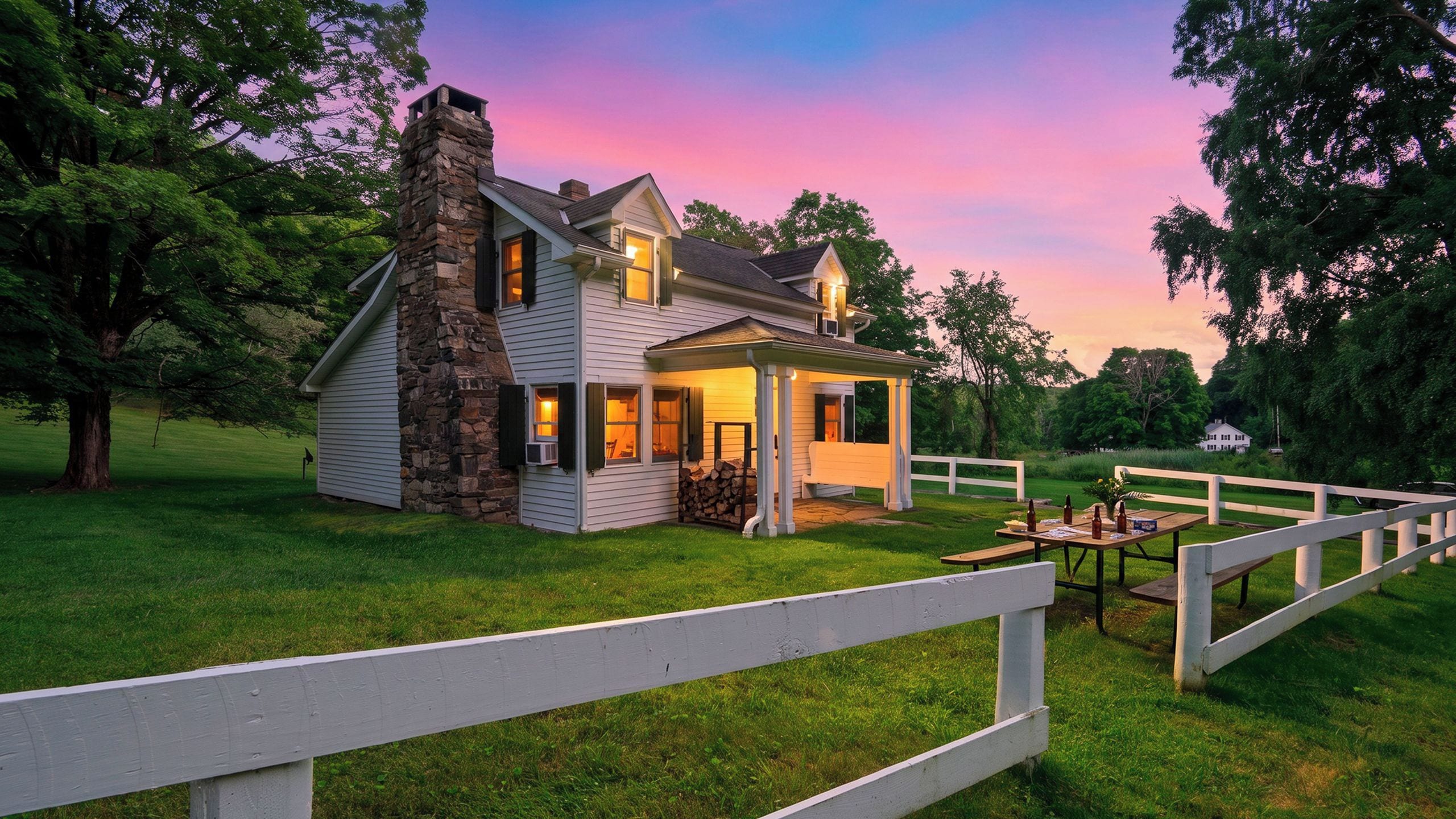 A two-story house with a stone chimney, a porch, and a white fence in the foreground.