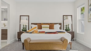 A hotel room with a large bed, two bedside tables, a bench, and a window. - The Royal Palms by Avantstay Pool + Hot Tub + Game Room + Fire Pit (Palm Springs)