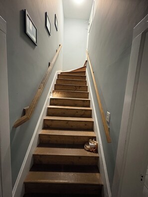 Eine Holztreppe mit Geländern auf jeder Seite, die zu einer Zwischenebene mit einer Leuchte führt.