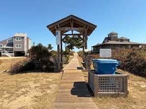 Pasarela de madera que conduce a la entrada de una playa, con un letrero que dice 'SEA RIDGE' y un aviso de propiedad privada.