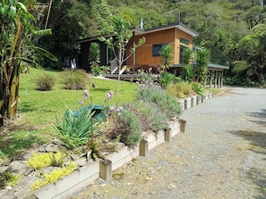 A modern house with a wooden exterior, surrounded by a well-maintained garden with various plants and a gravel driveway. - Willow Bay, Mahua Sound. Easy road & Beach access, tidal Beach launching/mooring (Mahau Sound)