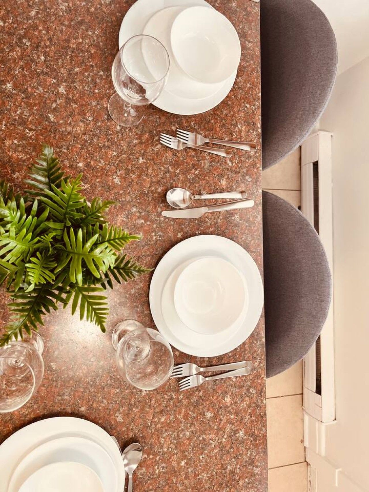 A dining table set with plates, cutlery, and glasses, with a plant on the left and a chair on the right.