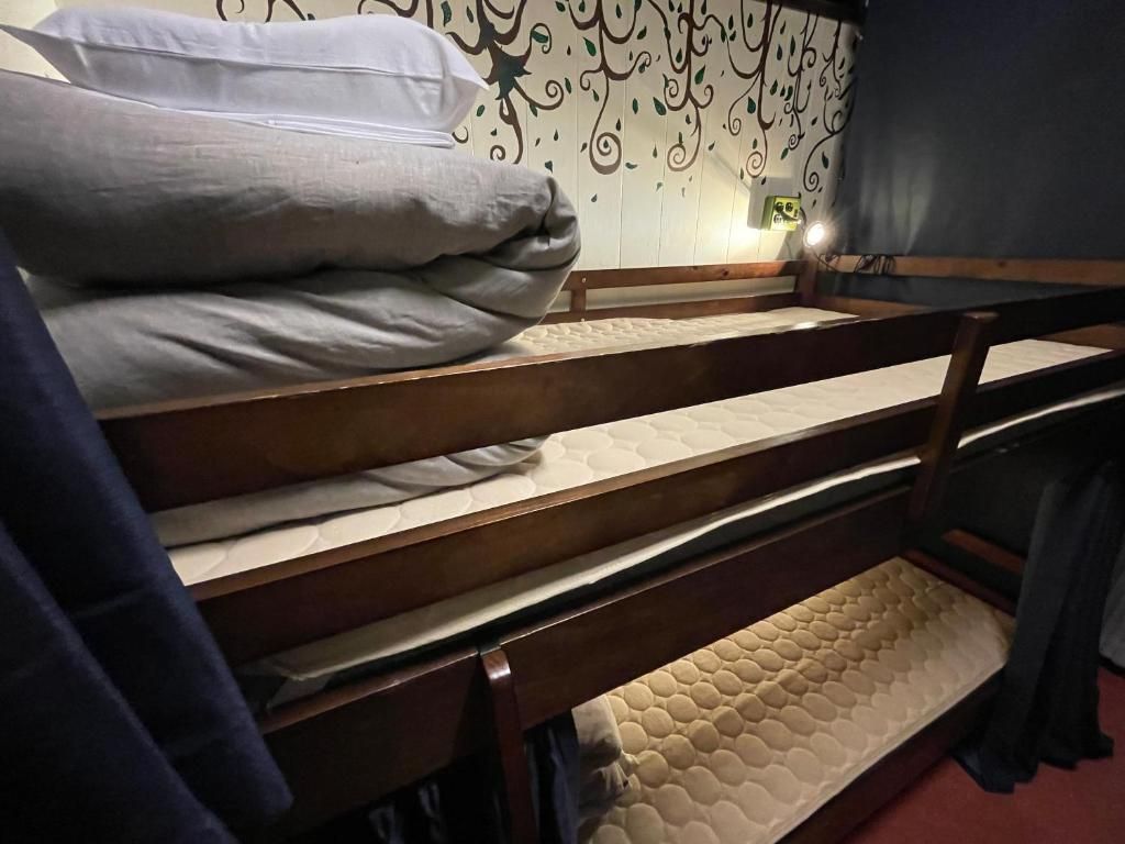 Una cama litera con colchón y almohadas, cabecera de madera y pared con un diseño decorativo.