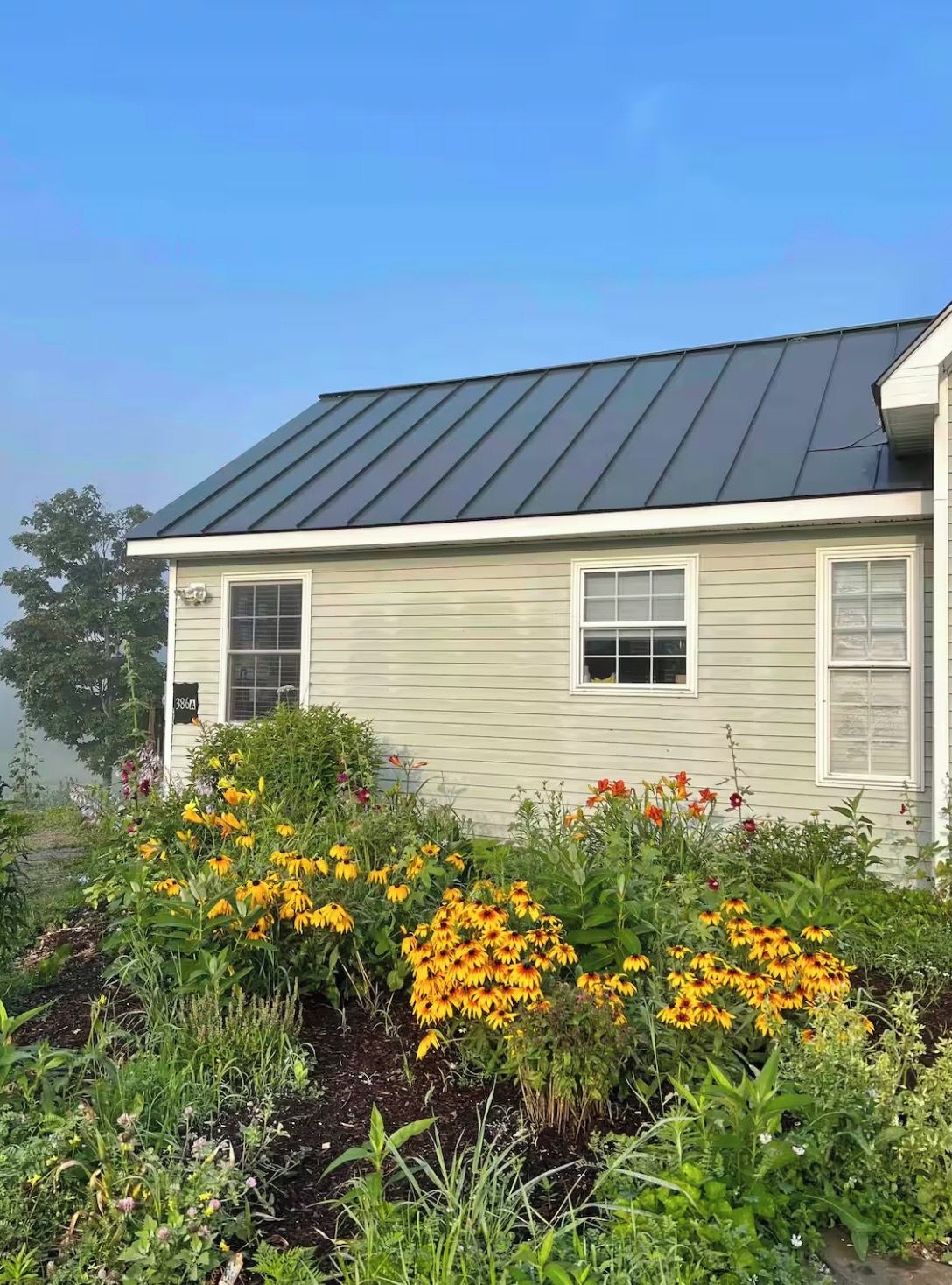 A single-story house with a dark metal roof and light siding.