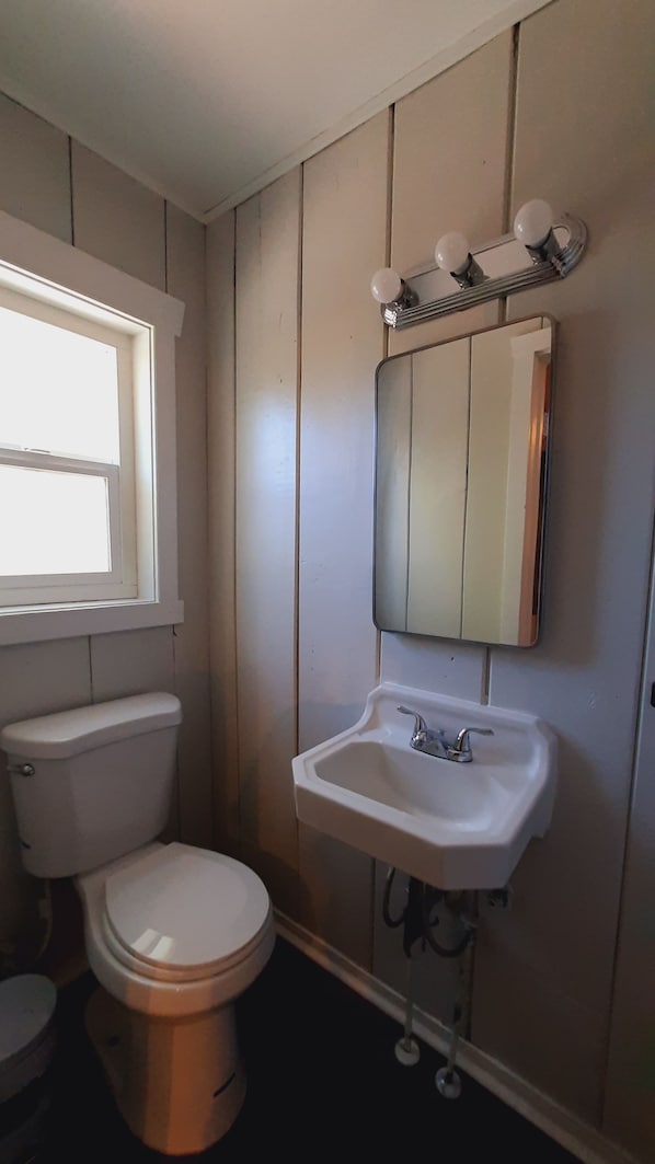 A bathroom with a toilet, sink, and window. - SHERWOOD ARMS MOTEL_CABIN #4 (Running Springs)