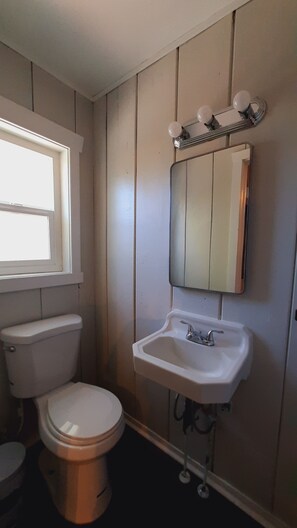 Un baño con inodoro, lavabo y ventana.
